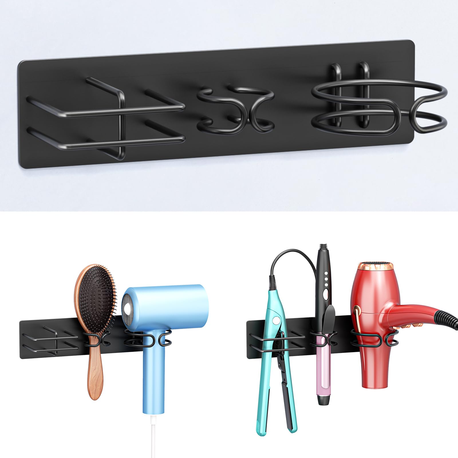 YYBO Hair Dryer and Straightener Holder Wall Mount Hair Dryer Holders, 3 in 1 Bathroom Hair Tool Organiser for Curling Iron, Straightener Hairdryer Holder Adhesive (Black)