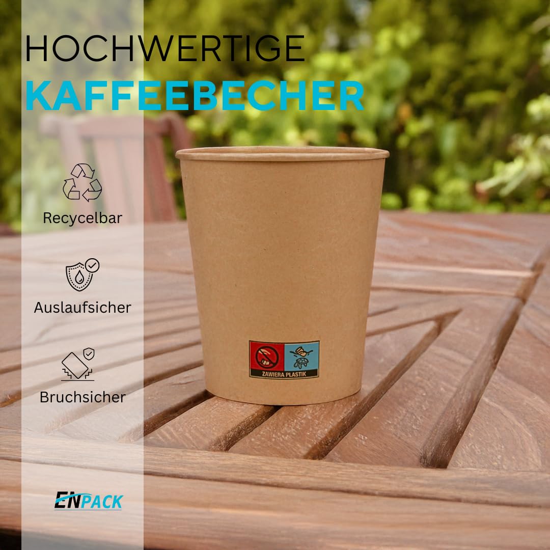 Enpack 1000 Kaffeebecher braun mit Deckel 80mm - einweg kaffeetassen mit 200ml/8oz Füllmenge - Hitzebeständige to Go Becher - Recycelbare cafe to go becher für Kaffee/Tee/Kakao -Kraftpapier