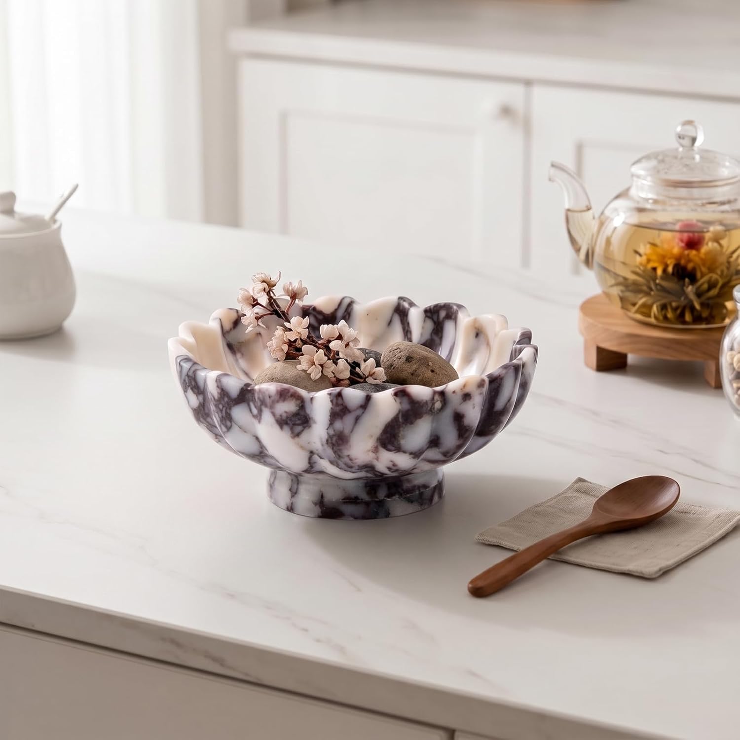 Novabright 8 Inch Calacatta Viola Scalloped Marble Pedestal Bowl,Fruit Bowl