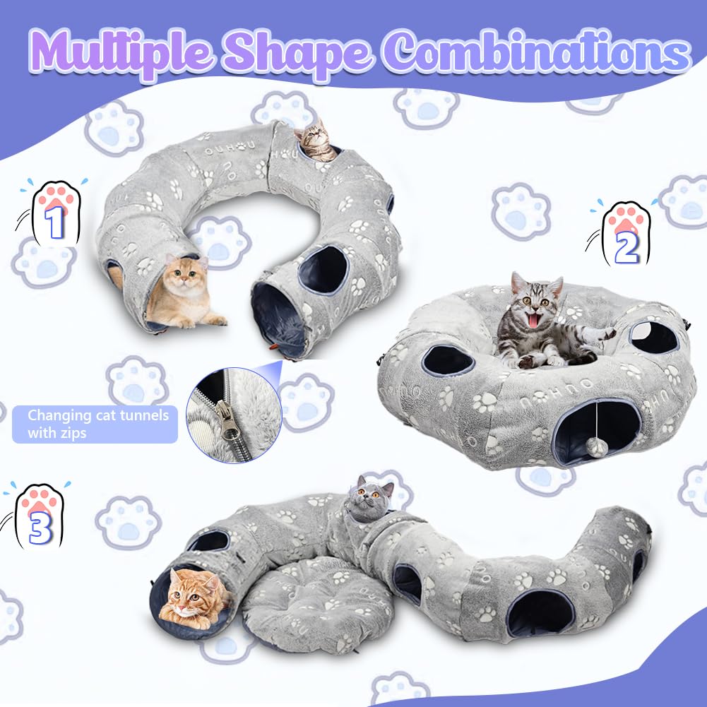 OUHOU Large Cat Tunnel Bed for Indoor Cats,Multifunctional Cat Tunnel Donut Toys,Self-Luminous Collapsible Peekaboo Cat Cave with Plush Cover