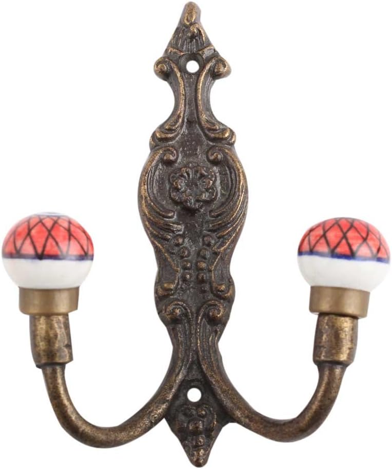 Indian Shelf 1 Piece Ceramic Heavy Duty Decorative Vintage Wall Hooks for Hanging Coats, Jackets, Leash, Hat, Towel, Backpack, Purse, Handbag Hangers[Red]