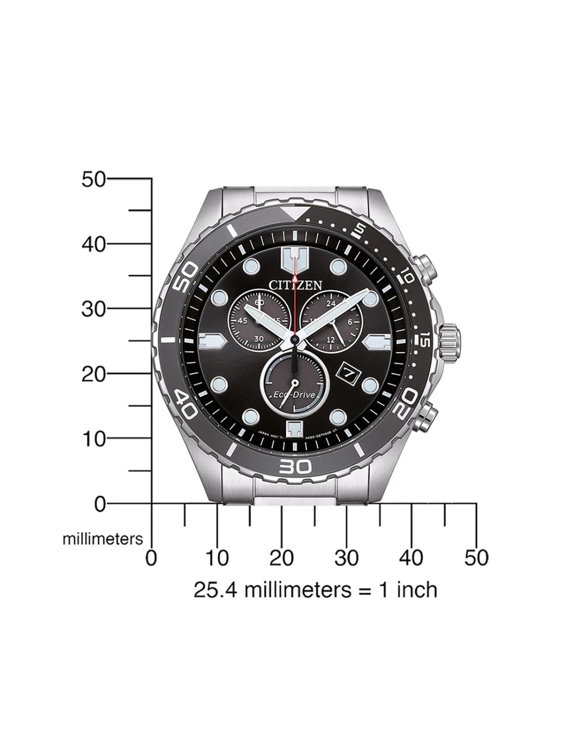 Citizen Męski zegarek z chronografem solarnym AT2568-82E, stal nierdzewna, okrągły, czarna tarcza, średnica 43 mm, wodoodporny 100 m, zasilany energią słoneczną, Srebrny, bransoletka