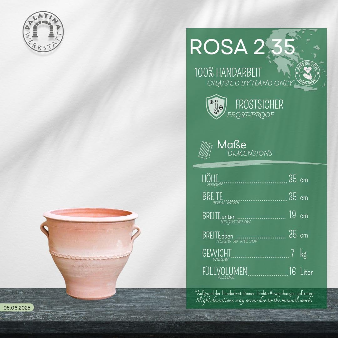 Palatina Werkstatt Maceta de terracota 100% hecha a mano rosa 2" 35 cm de Grecia - Ambiente exclusivo y natural para su jardín y hogar