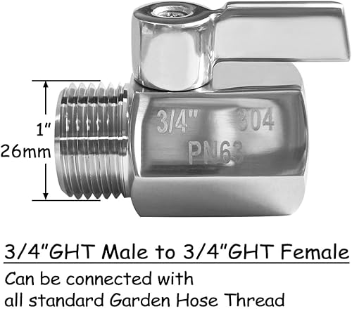 Miniatura 3 de Válvula de cierre de manguera de jardín de acero inoxidable de 3/4 pulgadas con rosca GHT, válvula de bola con arandelas para césped al aire libre y