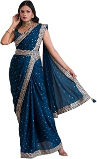 Womens Zari Embroidered Sequin Work Designer Saree with Belt Occasion for Wedding Party Anniversary