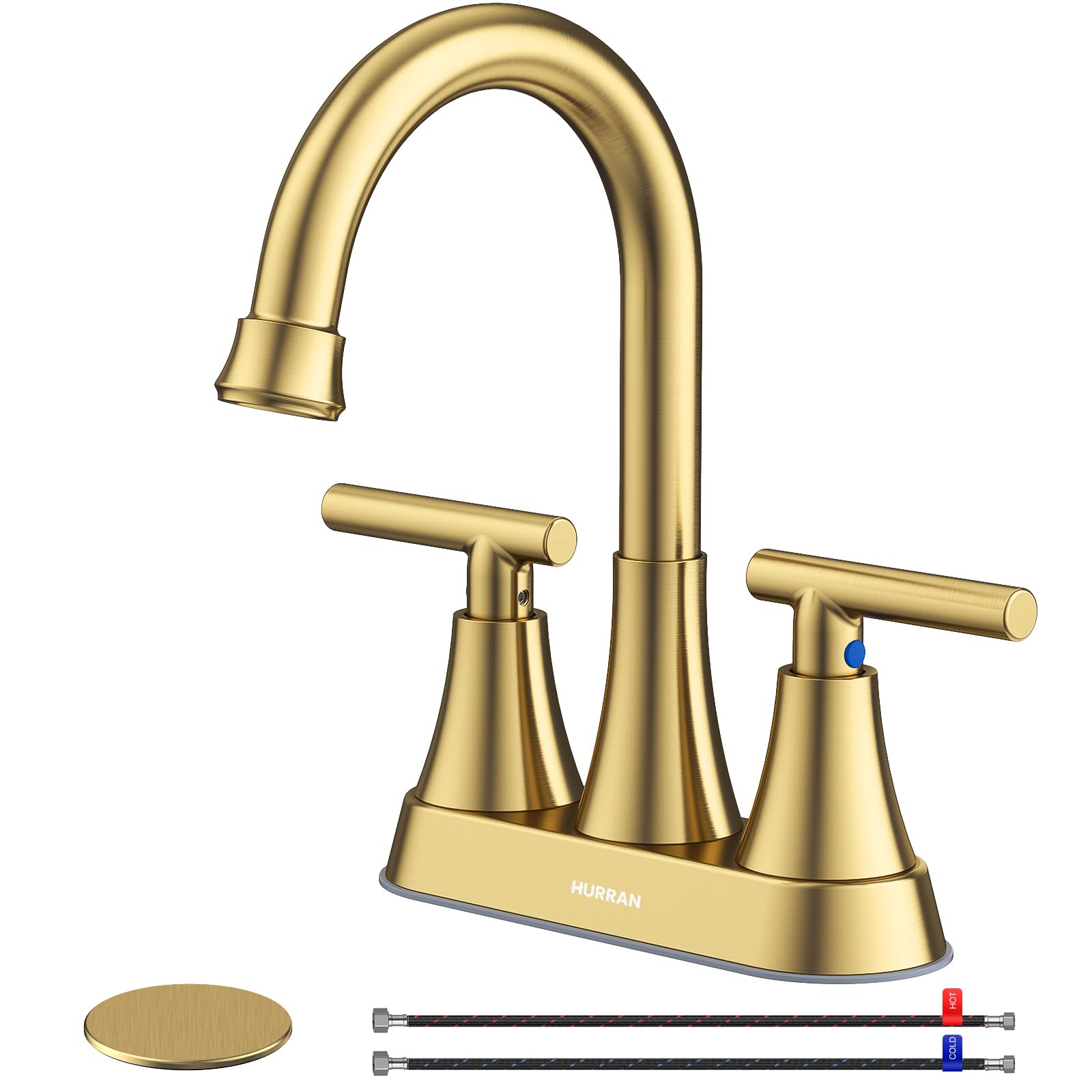 4 inch Brushed Gold Bathroom Sink Faucet with Pop-up Drain and 2 Supply Hoses, Stainless Steel Lead-Free 2-Handle Centerset Faucet for Bathroom Sink Vanity RV