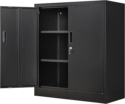 Metal Storage Cabinet, 36" H Locking Storage Cabinet with 2 Adjustable Shelves, Metal Cabinets for Garage, Home, Office, Utility Room-Black