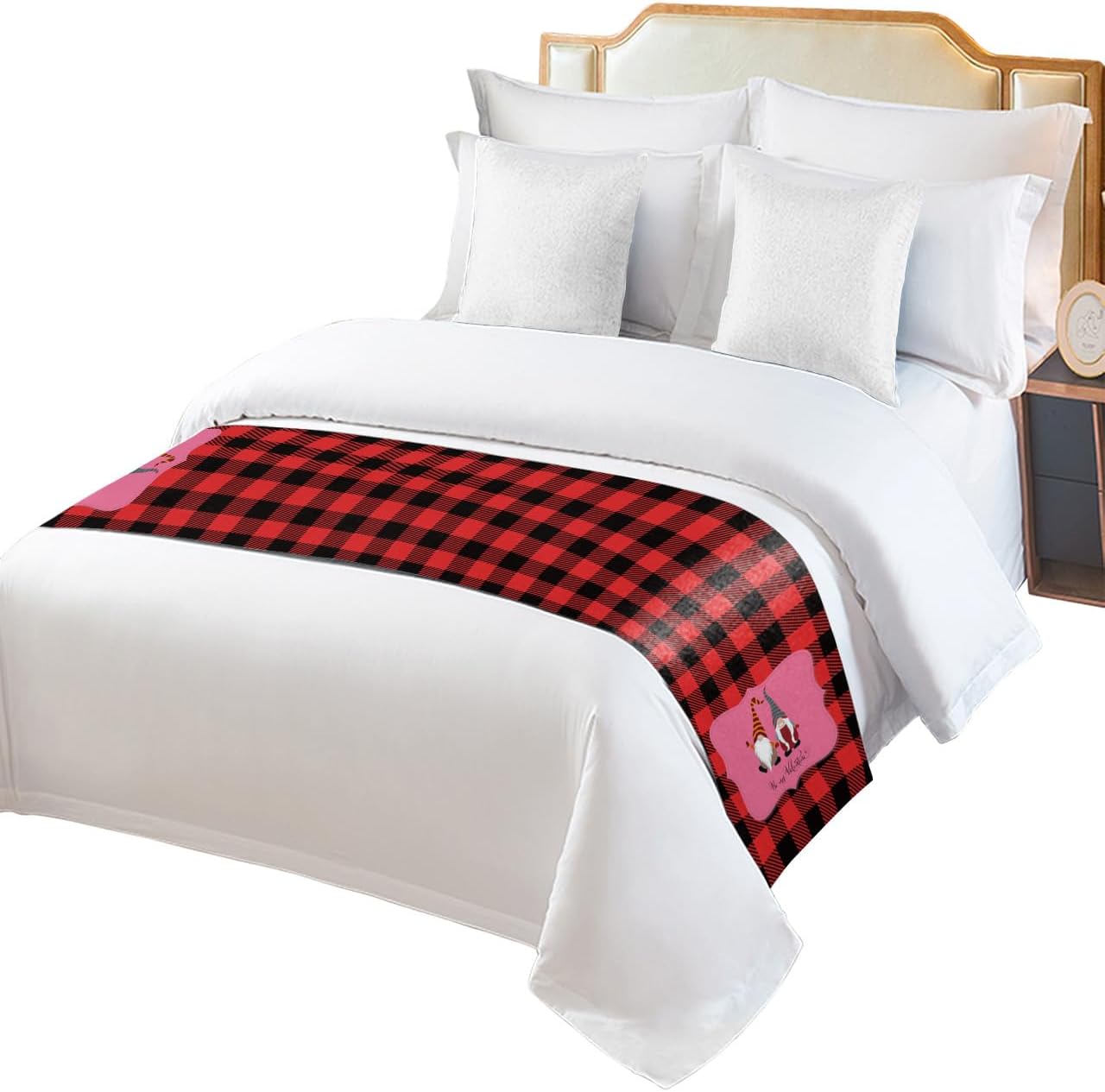 Bed Runner Scarf, Valentine's Day Lovely Dwarf Red Black Check Plaid King Bed Bedding Scarves Cover Decorative Bed Scarf for Home Hotel Guesthouse Bedroom Wedding Room Guestrooms 102"x20"