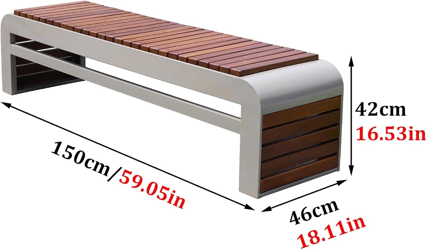 Heavy-Duty Metal Park Benches - Weatherproof Backless Outdoor Bench with Solid Wood Slats - Durable Stainless Steel Garden Seating - Supports 1100 lb Capacity