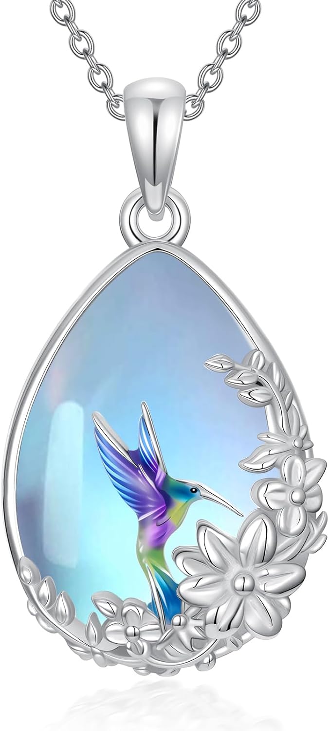 Dorunmo Hummingbird/Highland Cow/Axolotl/Butterfly Necklace 925 Sterling Silver Moonstone Pendant Necklace Animal Jewelry Gifts for Women