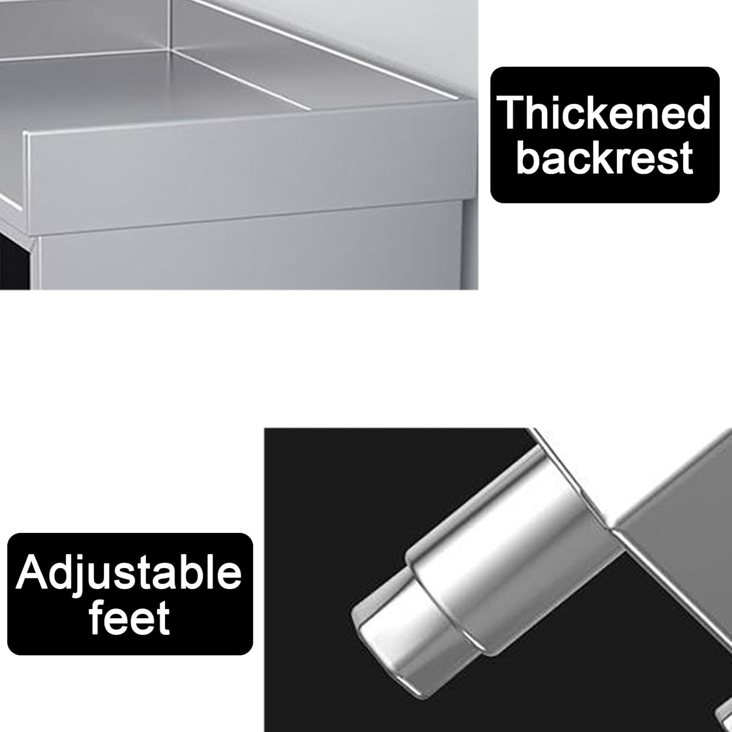 Double-Door Stainless Steel Table Kitchen Work with Back Panel Adjustable Feet Brushed Finish Recessed Door Handles and Extra-Large Storage Capacitility