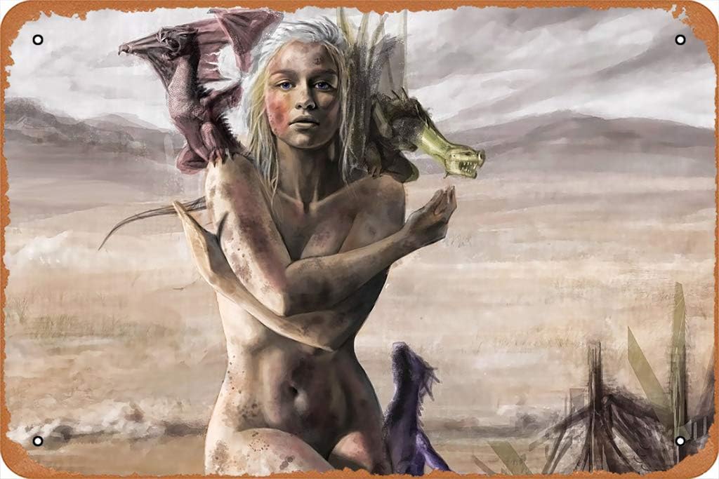 ShvieiartShvieiart Daenerys Targaryen With Dragons Artwork Poster Iron Painting Wall Metal Vintage Band Tin Signs Garage Plaque Decorative Living Room Garden Bedroom Office Hotel Cafe Bar, 8 x 12 Inch