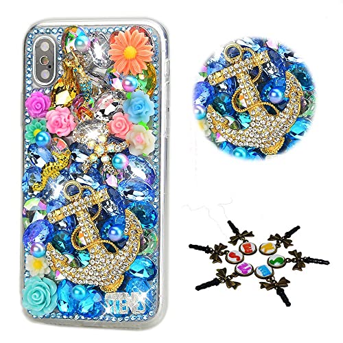 STENES Sparkle Case Compatible with T-Mobile REVVL 7 Pro 5G Case - STYLISH - 3D Handmade Bling Mermaid Seahorse Anchor Flowers Rhinestone Crystal Diamond Design Girls Women Cover - Navy Blue