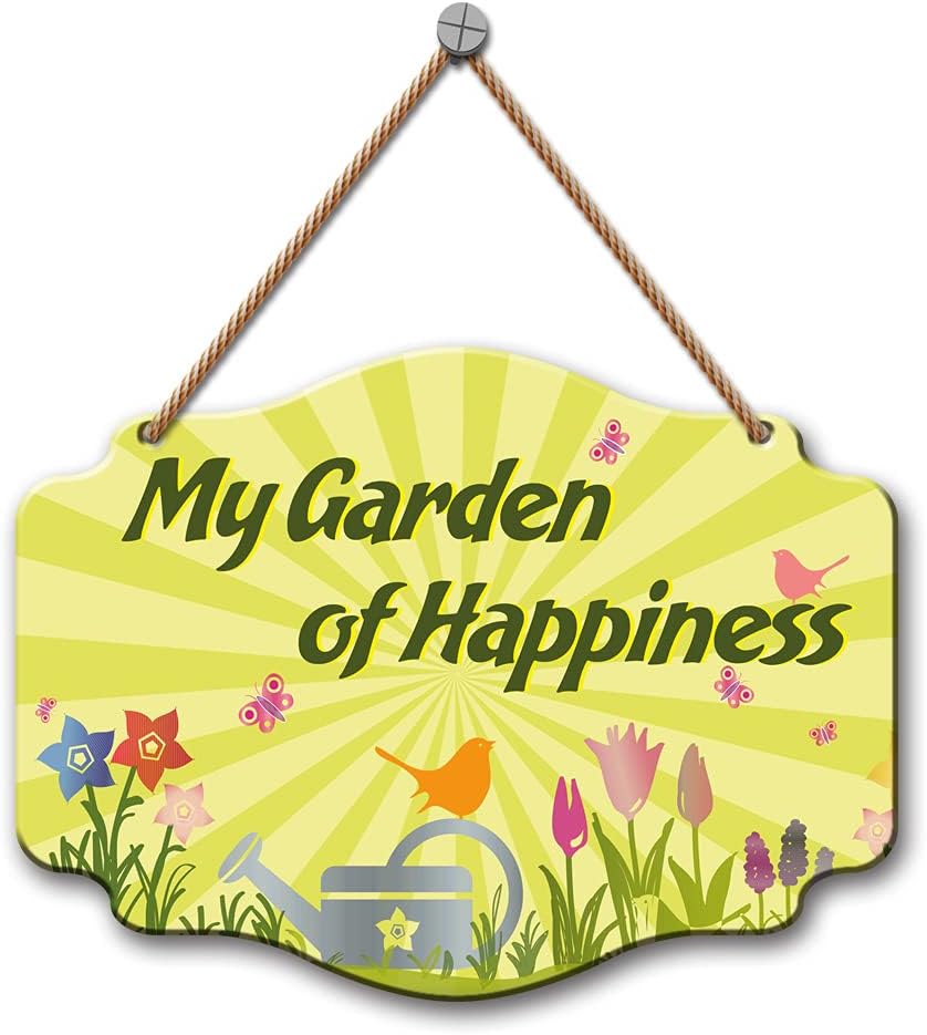 Wooden Wall Hanging Garden of Happiness Quote Printed Home Decor 7.5X10 Inches - for Home Decoration, Entrance Decor, Door Hanging Plaque Sign for Room Decoration