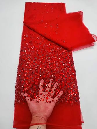 African Beads French Net Sequins Lace Embroider Nigerian Fabric 5 Yards for Sewing Woman Party Dress Red,5 Yards