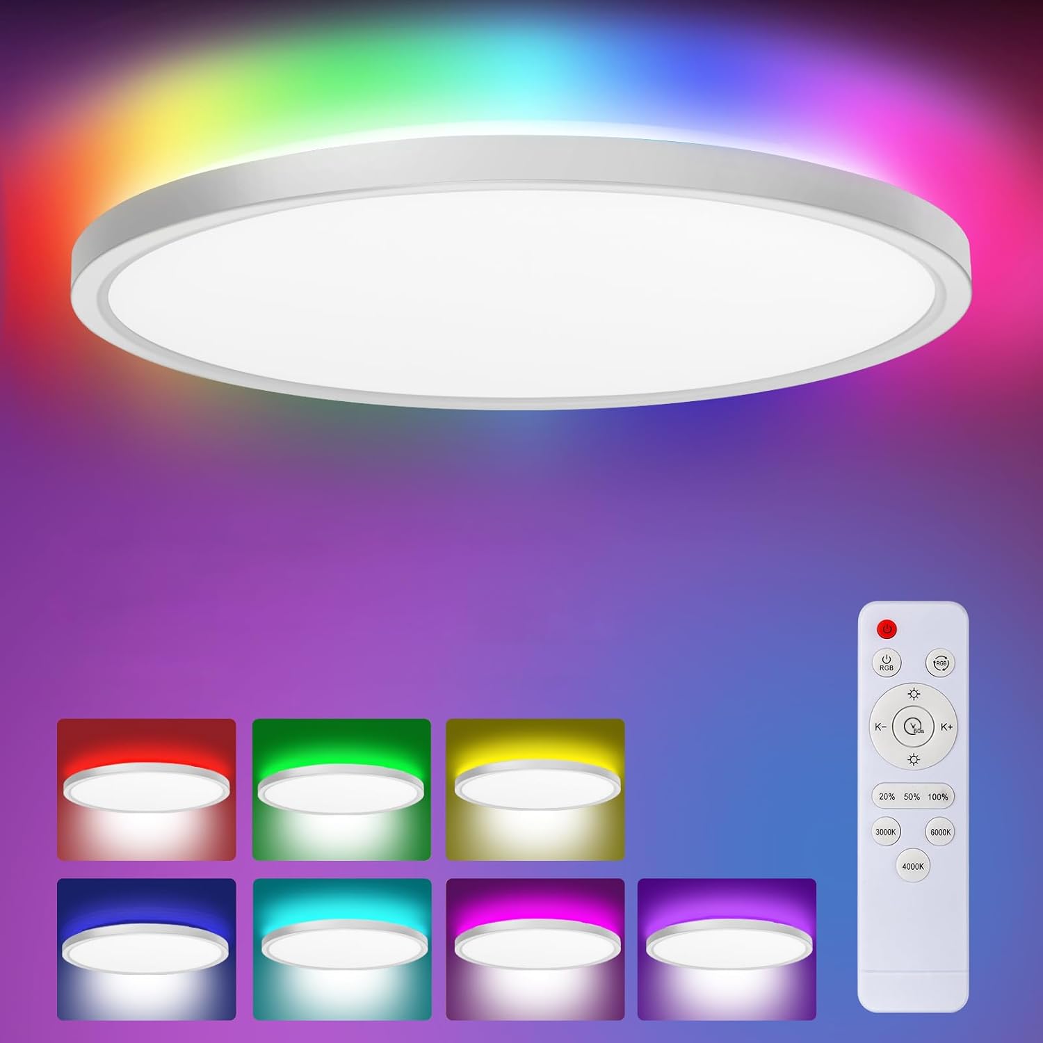 LED Ceiling Light, RGB 24W Flush Mount Ceiling Light with Remote