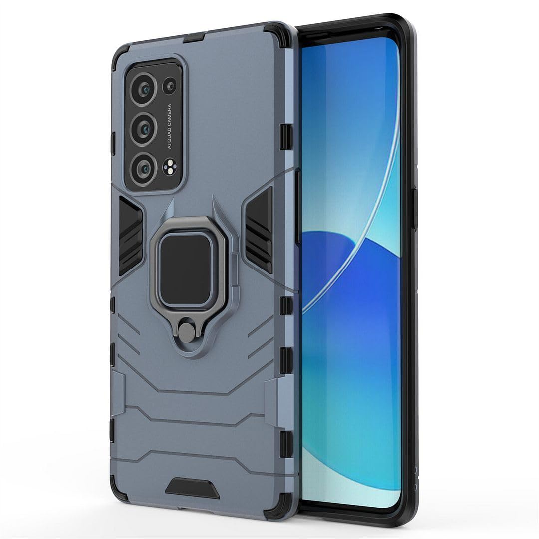 WEIOU Cover per OPPO Reno 6 Pro 5G (Reno6 Pro 5G) + 2 Vetro Temperato, TPU Silicone e PC Antiurto Custodia, Antiscivolo Protettiva Case Bumper con 360° Girevole Anello, Blu