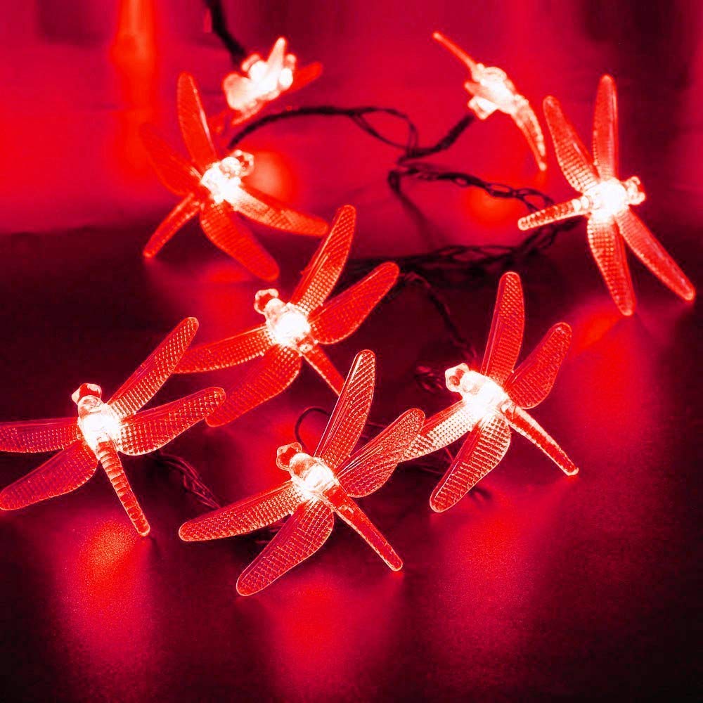 Catena luminosa solare a forma di libellula per esterni con telecomando, 22 m, 200 LED, impermeabili, 8 modalità. (rosso)