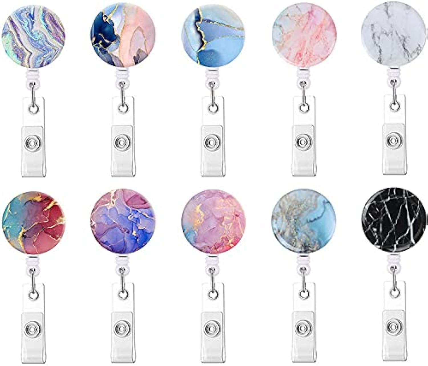 Retractable Badge Holders, Cute Nursing Badge Reel, Badge Clip ID Card Holders (10pack Pretty Marble-1)