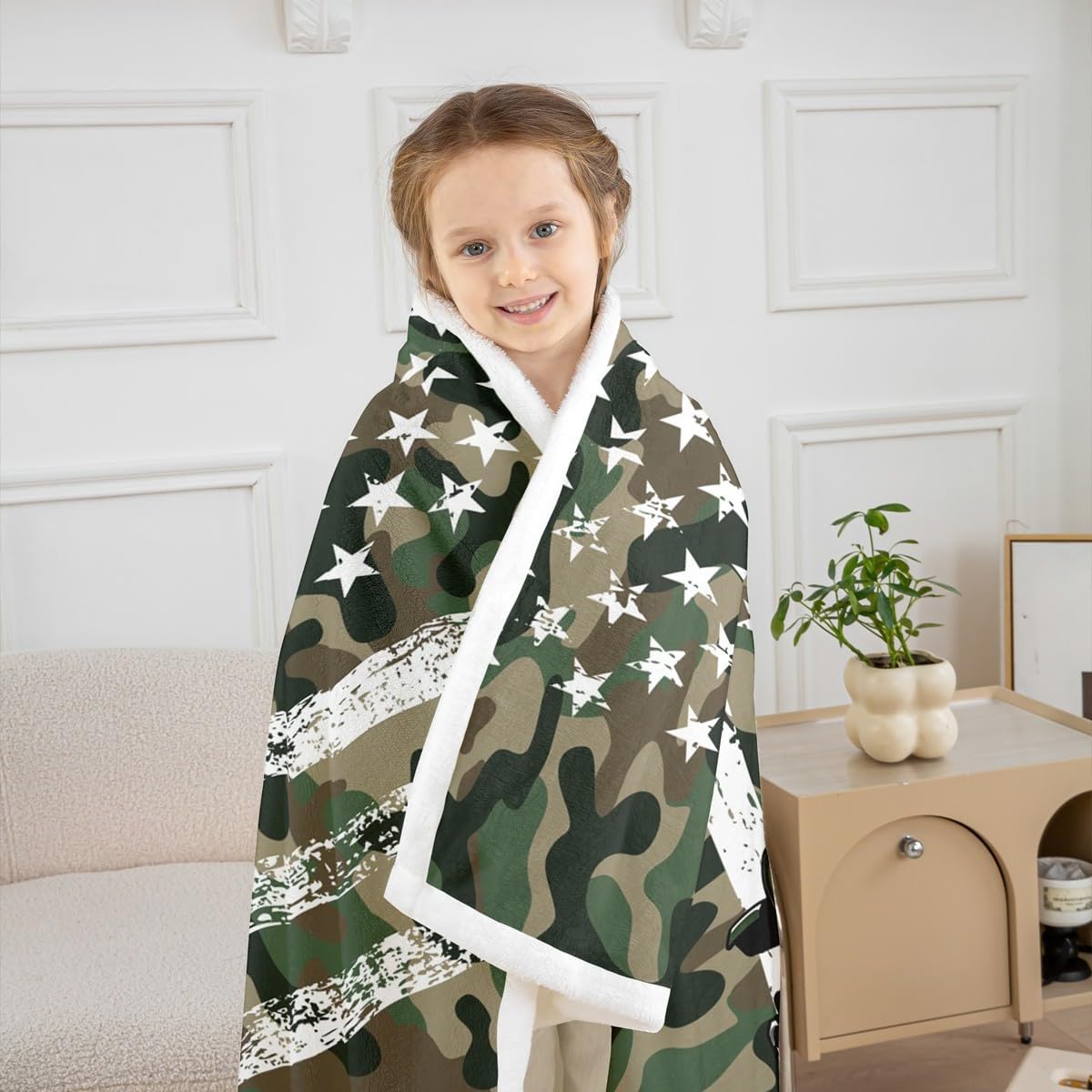 Off-Road Vehicle Fleece Blanket,Green Racing Car Sports Adventure Plush Blanket for Kids Teens,Lovely Room Decor,Green Camo Retro American Flag Graffiti Flannel Blanket,Twin 60"x80"