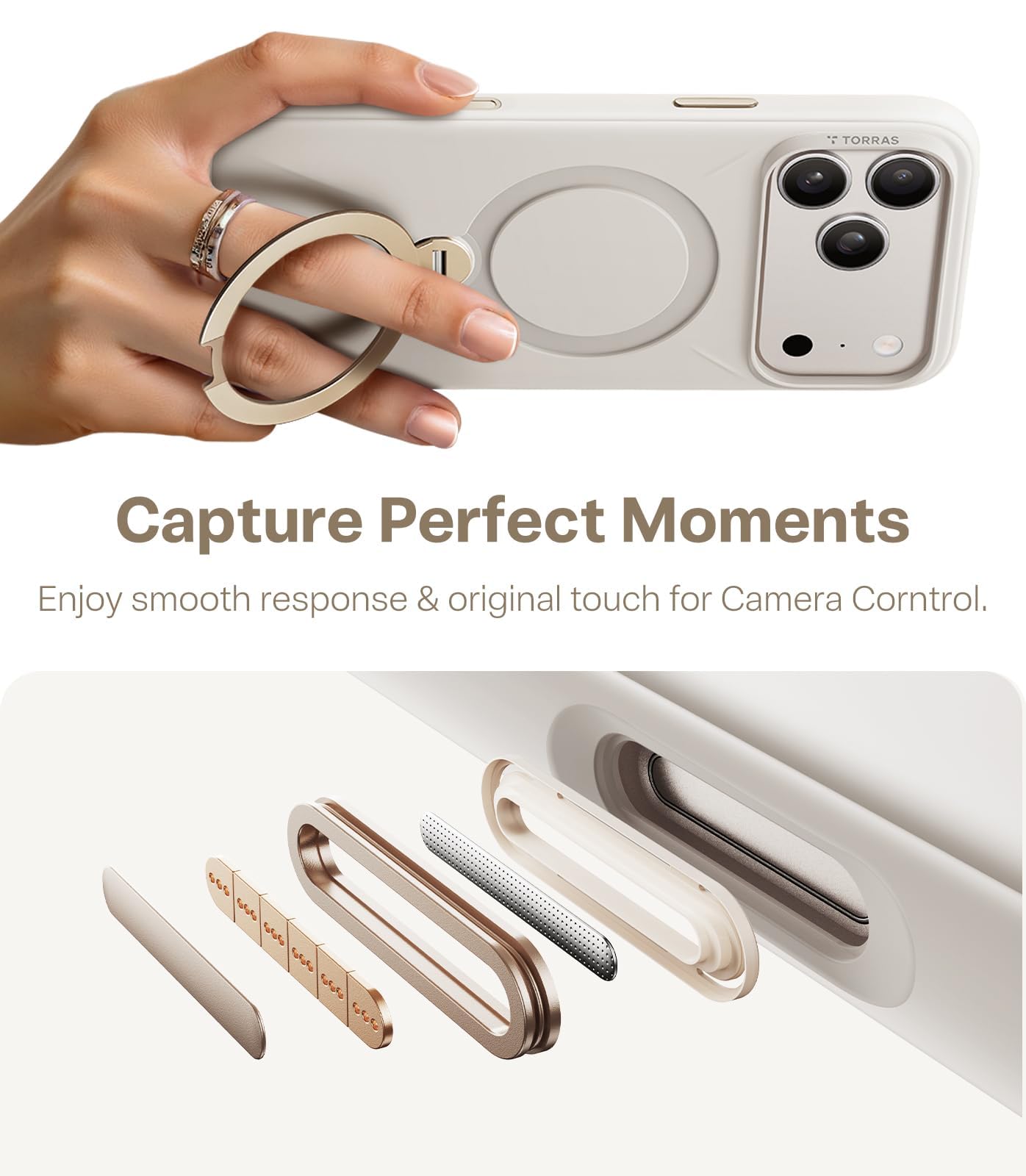 TORRAS Ostand Q3 - Carcasa de silicona para iPhone 17 Pro con soporte de 360°, color blanco | Funda protectora para iPhone 17 Pro (silicona líquida) con protección contra caídas y botones de cámara