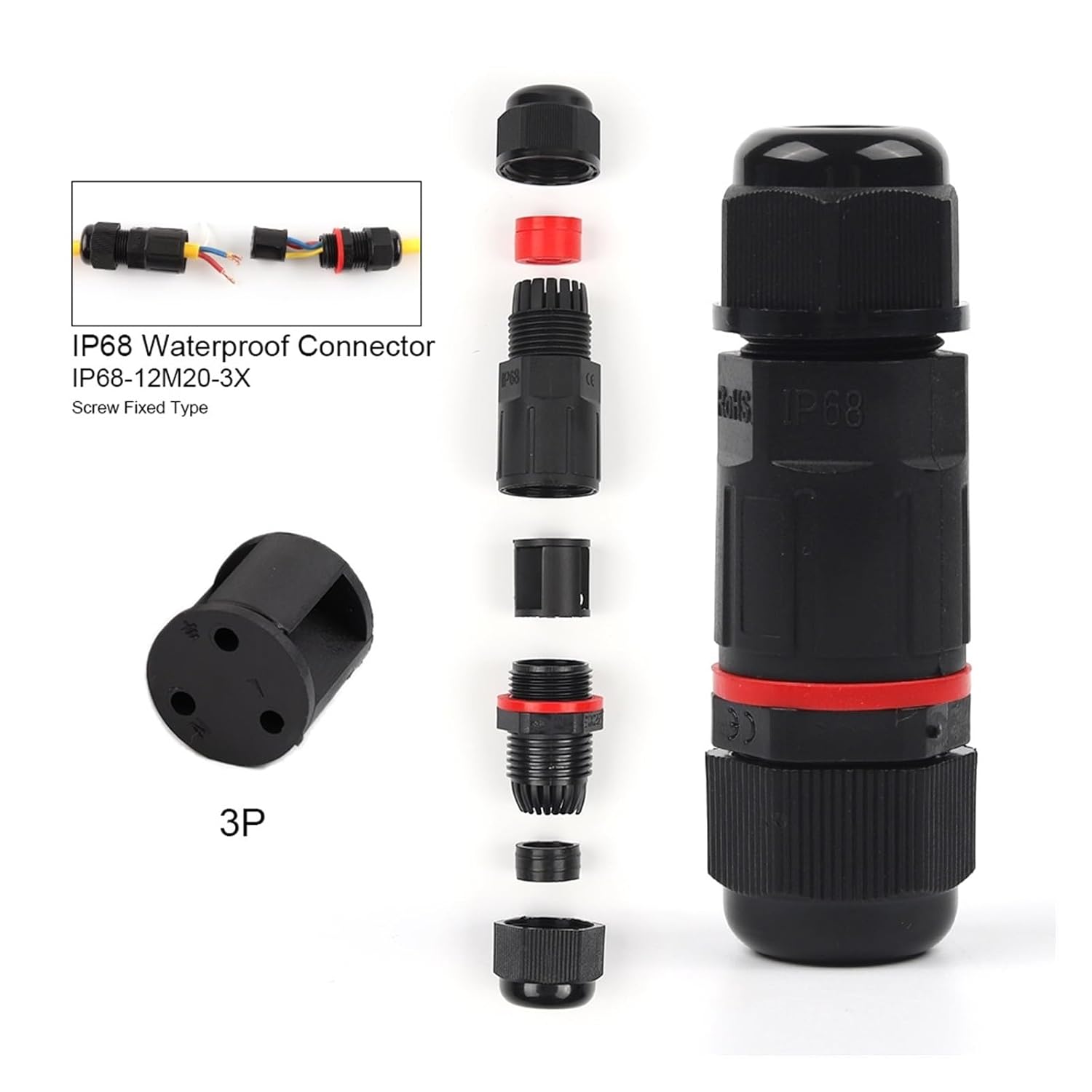 IP68 Waterproof Connector 12M20 Sealed Wire Connectors I Shape Quick Screw Connect 3 Pin Cable Terminals