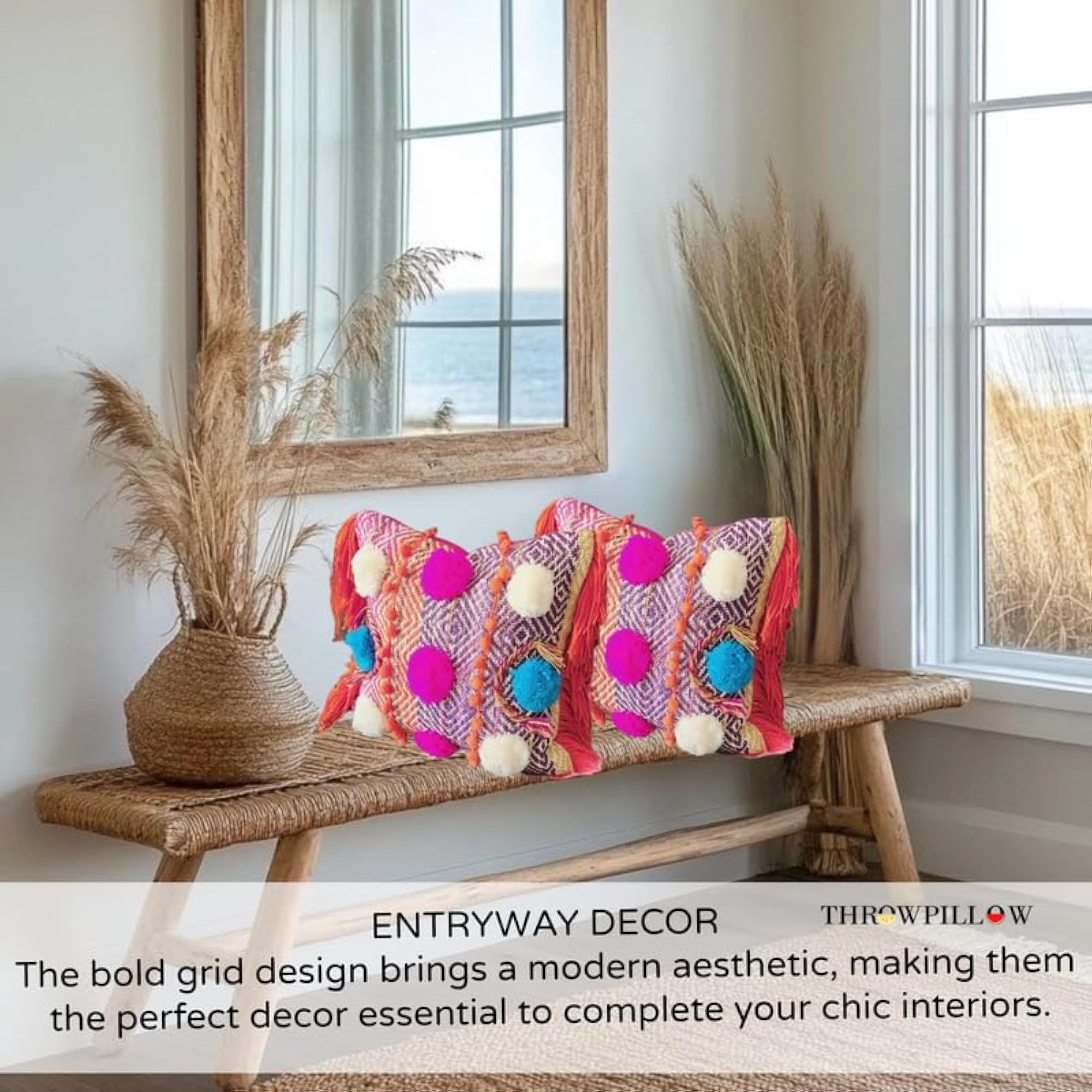 Aztec Throw Pillow Cover, Boho Pom-Pom Cushion