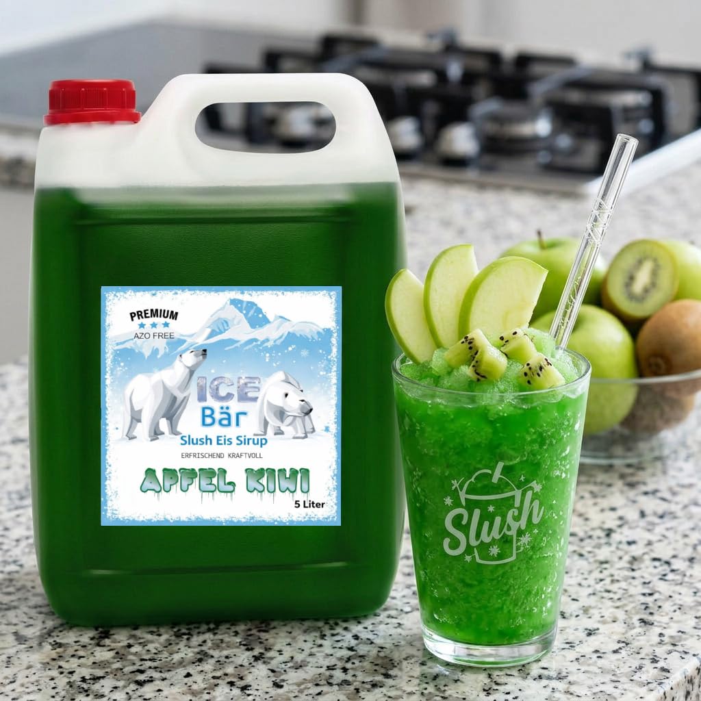 ICE Bär SLUSH Granizado 12 variedades afrutadas, 5 litros de concentrado, Sabor manzana kiwi, granizador de hielo para máquina de hielo de bricolaje 5L (Paquete de 1)
