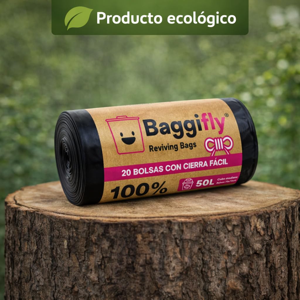 Baggifly, Bolsas de Basura 50L, 100 Bolsas Súper Resistentes, 100% Recicladas, Cierra Fácil, ECO Friendly, Hogar, Oficinas y Hostelería, Pack 5 x 20, Fabricado en España