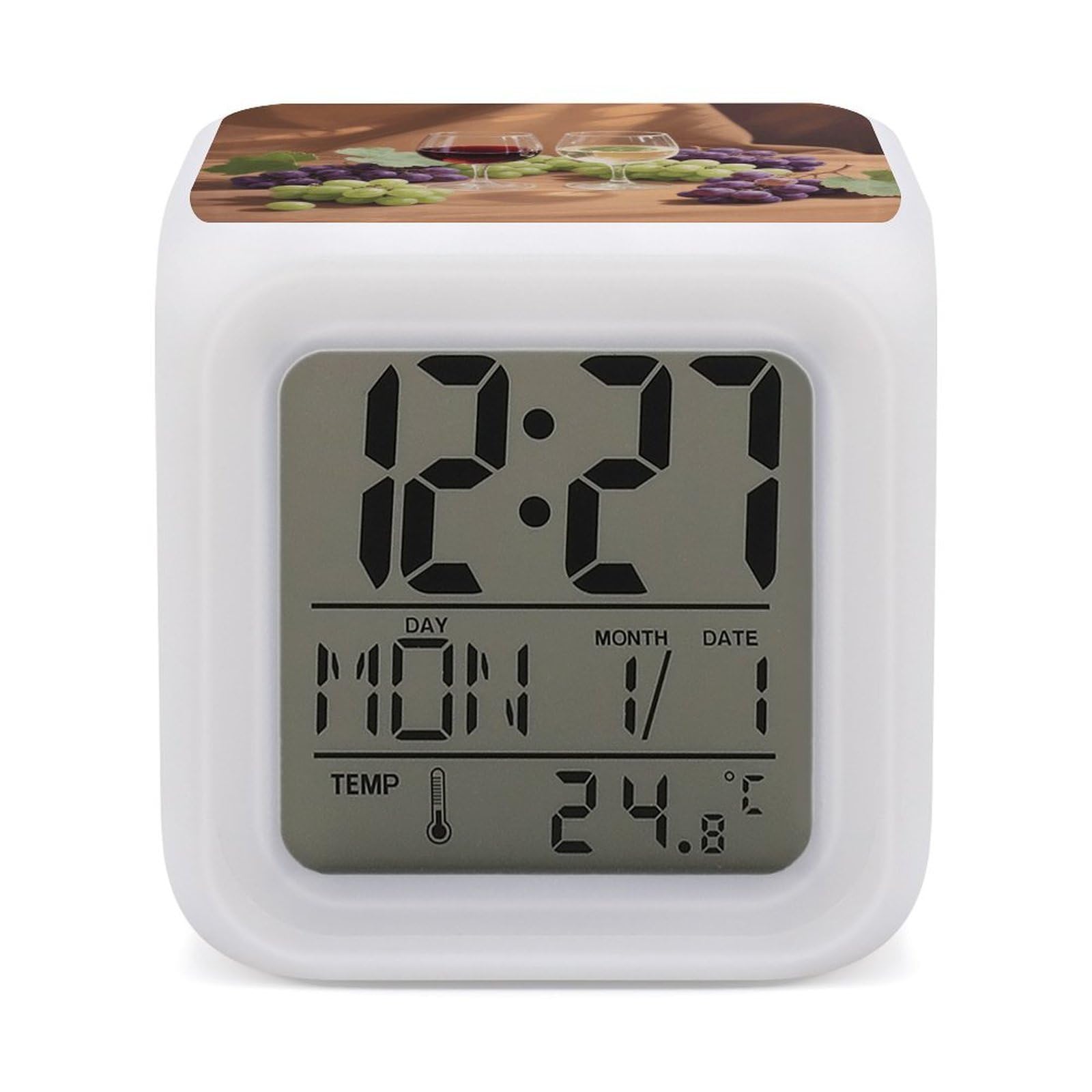 Reloj despertador digital LED con diseño de copa de vino y uvas para escritorio