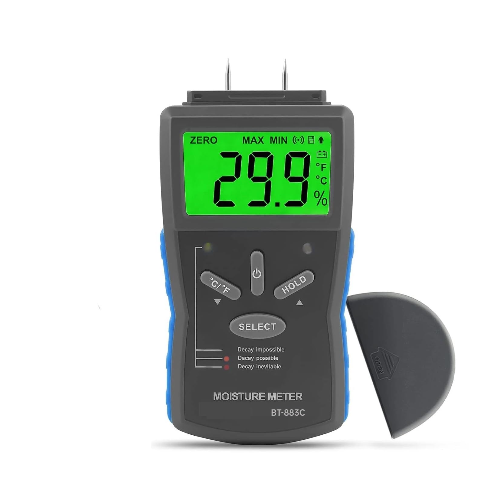 Misuratore di umidità del legno, rilevatore di umidità digitale a perno, materiali temprati, temperatura ambiente (℃/℉), con LCD retroilluminato Letture chiare