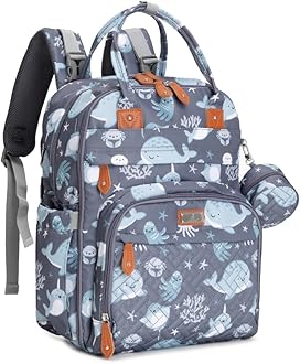 BabbleRoo Diaper Bag Backpack - Baby Essentials Travel Bag - Multi function Waterproof Diaper Bag, Travel Essentials Baby Bag with Changing Pad, Stroller Straps & Pacifier Case – Unisex, Sea Animals,
