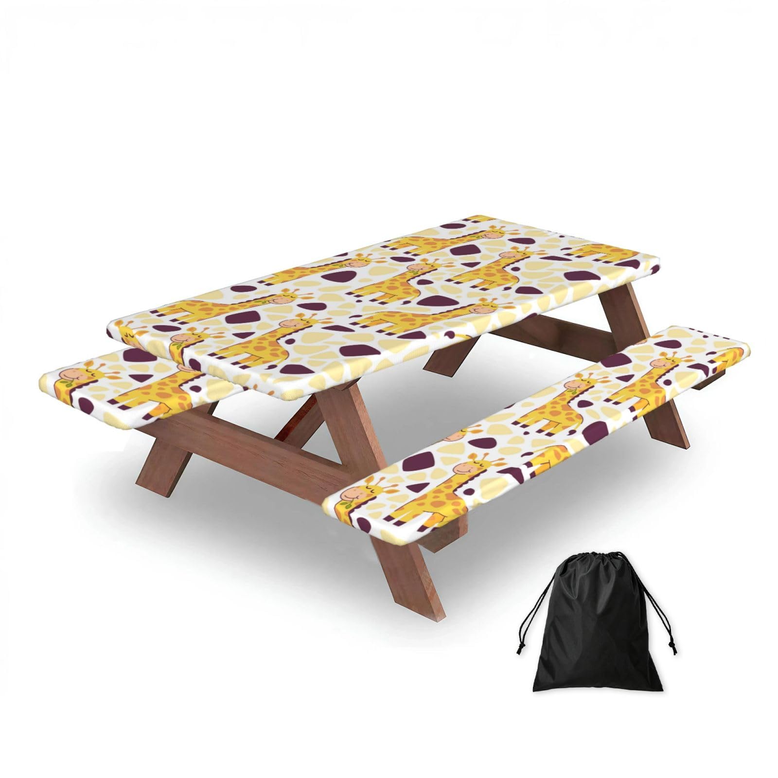 Cute Giraffe Pattern, Picnic Table Cover With Bench Covers -Waterproof Elastic Fitted Tablecloth for Garden Camping Patio 76x152cm