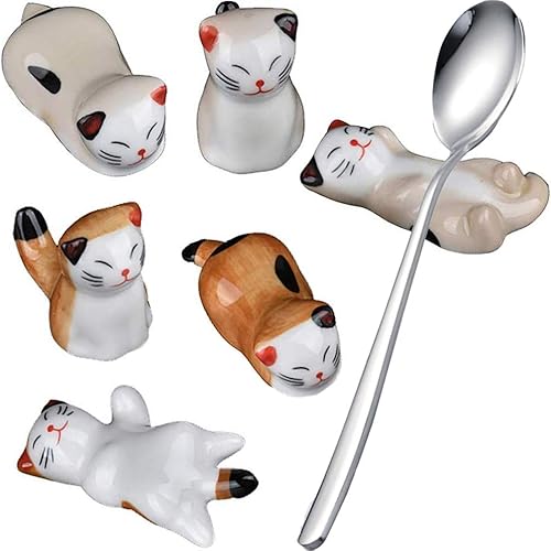 Juego de 6 adornos para cuchillos de porcelana con diseño de gato de la suerte, juego de reposamanos de cerámica, juego de vajilla (gato de la