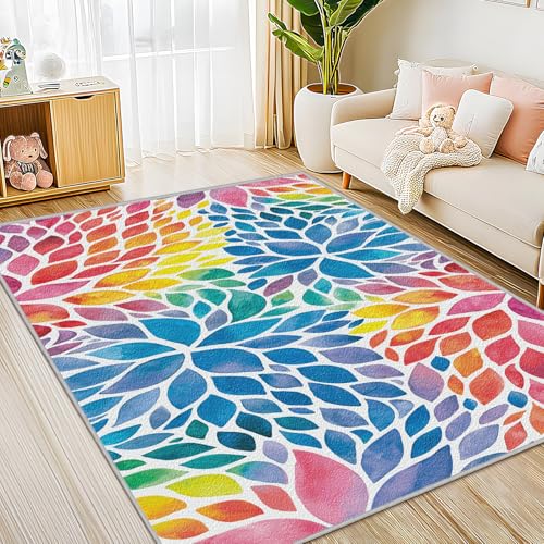 Abstract Colorful 8x10 Area Rug Modern Rainbow Dahlia Floral Rugs