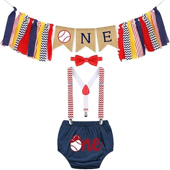 FMYFWY Baby 1st Birthday Outfits Baseball Cake Smash Photo Shoot Decorations Kit Highchair Banner Bloomers Suspender Bow Tie