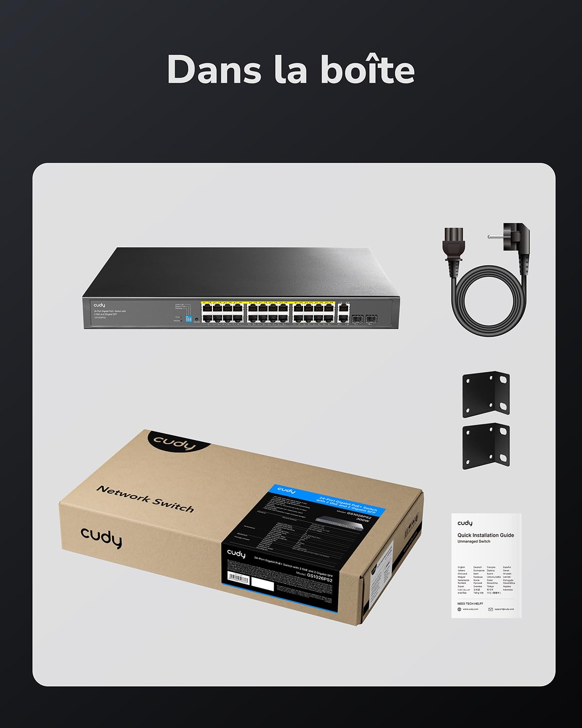 Cudy Commutateur Ethernet 26 Ports Gigabit, Dont 24 Ports PoE+, GS1026PS2 | 24 ports 802.3af/at, 2 ports fibre optique, budget de 300 W, capacité de 52 Gbps, isolation des ports/mode DIP 250 m