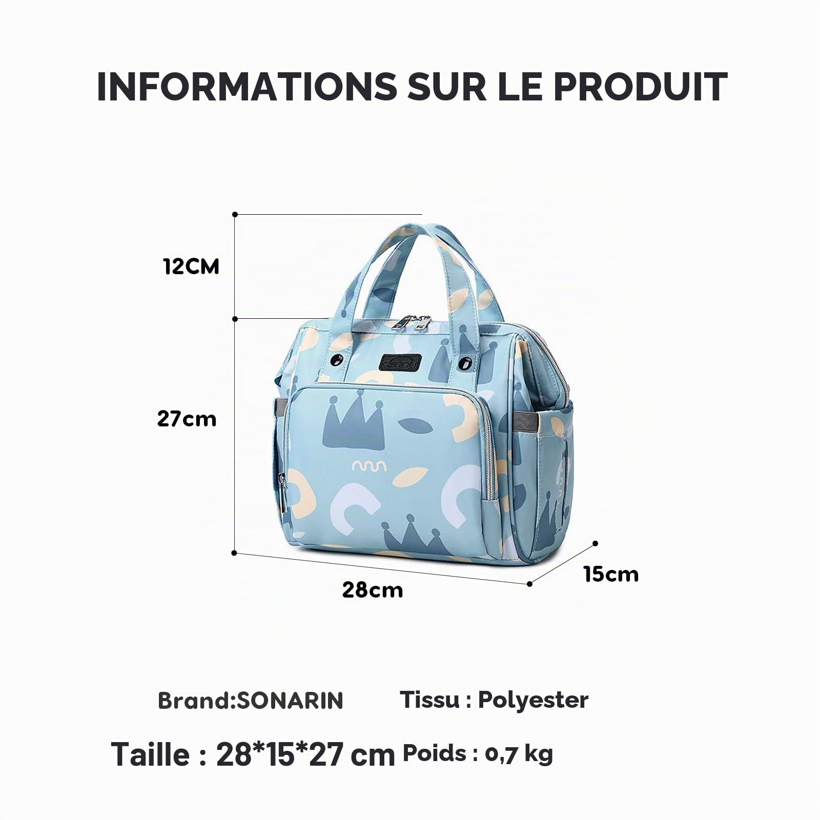 SONARIN Multifonctionnel Sacs à Dos à Langer pour Bébé,Léger Imperméable Sacs à Langer Fourre-tout Sac à Bandoulière Sac de Maternité Sac à Couches de Voyage pour Maman & Papa(Bleu)