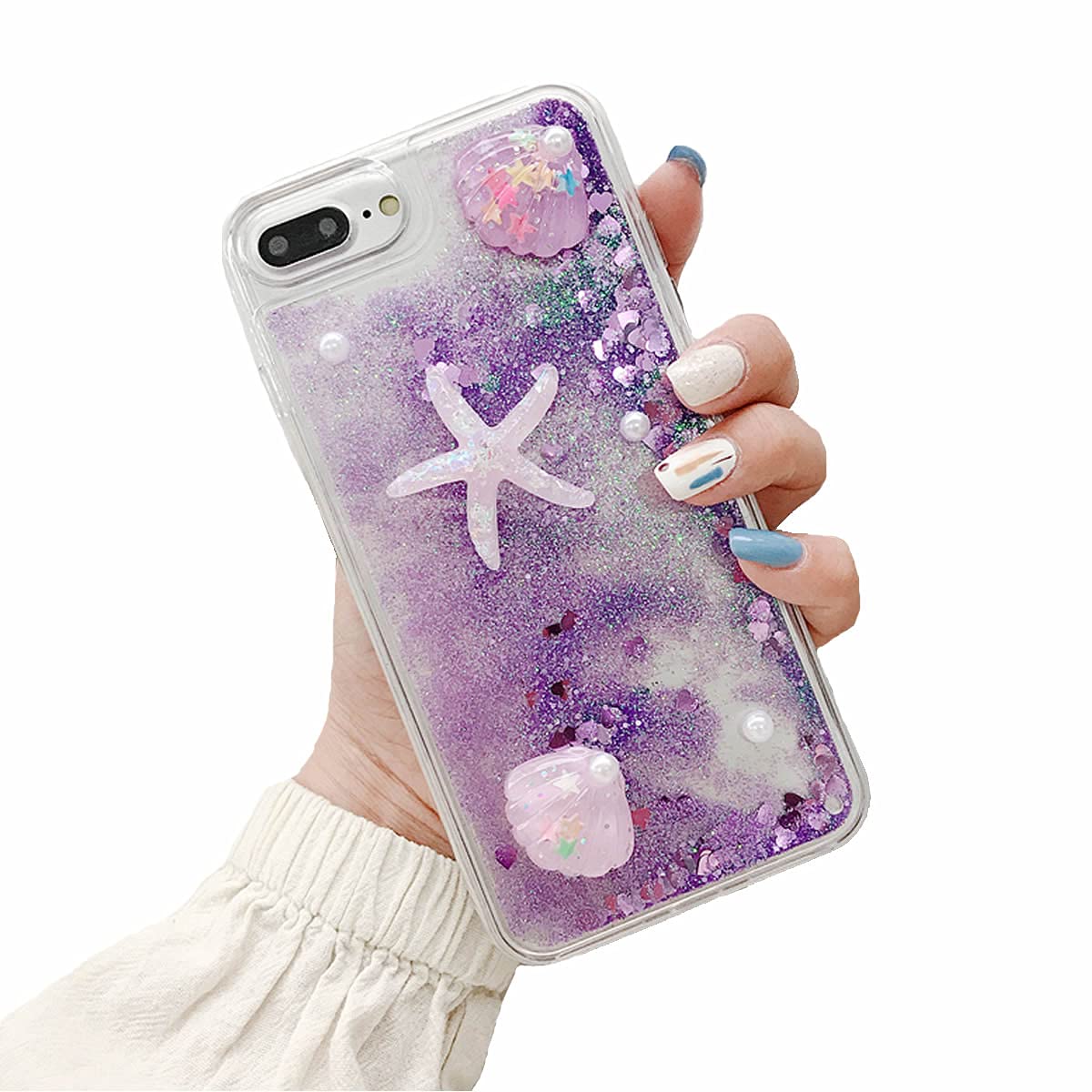 Nadoli Compatible with Samsung Galaxy Note 10 Plus Case Glitter,Cute Funny Handmade Starfish Conch Transparent Flowing Quicksand Sparkle Bling Protective Skin Cover