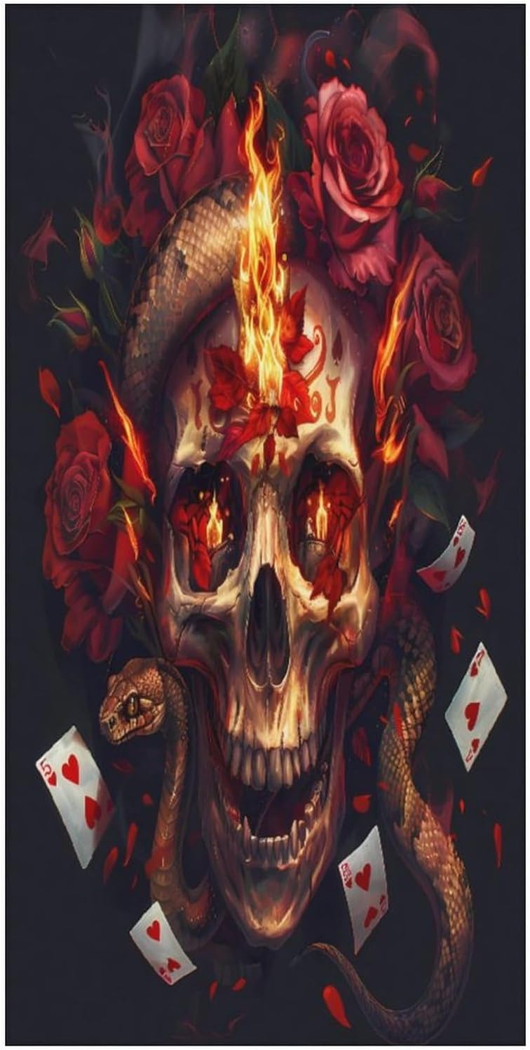 Halloween Poker Red Rose Fire Skull Bath Towel Beach Towels Quick Dry Oversized Bath Blanket Highly Absorbent Towel for Women Men 160x80cm