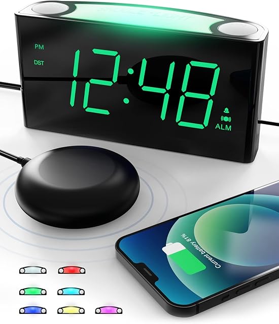 Alarm Clocks Bedside for Heavy Sleepers/Deaf/Hard of Hearing, Vibrating Loud Alarm Clock with 7 Colorful Night Light, Digital Clock for Bedroom, Night Light Clock for Kids/Teenagers with 2 USB Ports