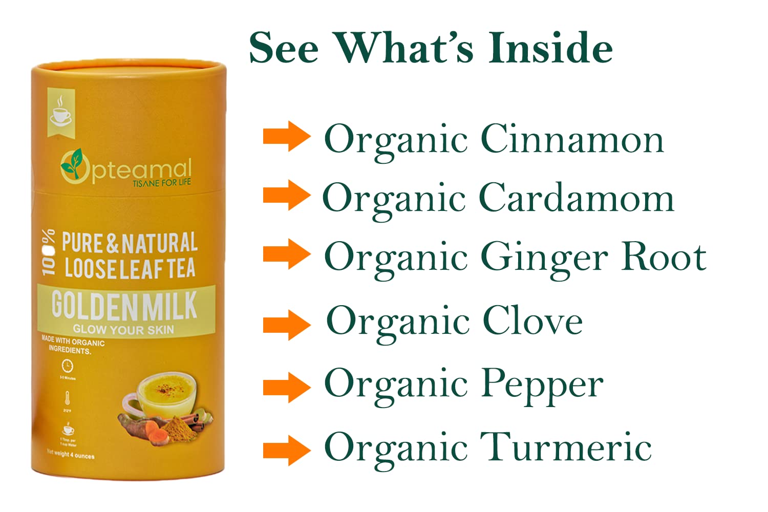 Opteamal Organic Golden Milk Loose Leaf Tea - Caffeine Free Loose Leaf Tea - Organic Golden Milk Tea with Pepper, Cardamom, Turmeric, Ginger, Clove, Cinnamon - 4oz.