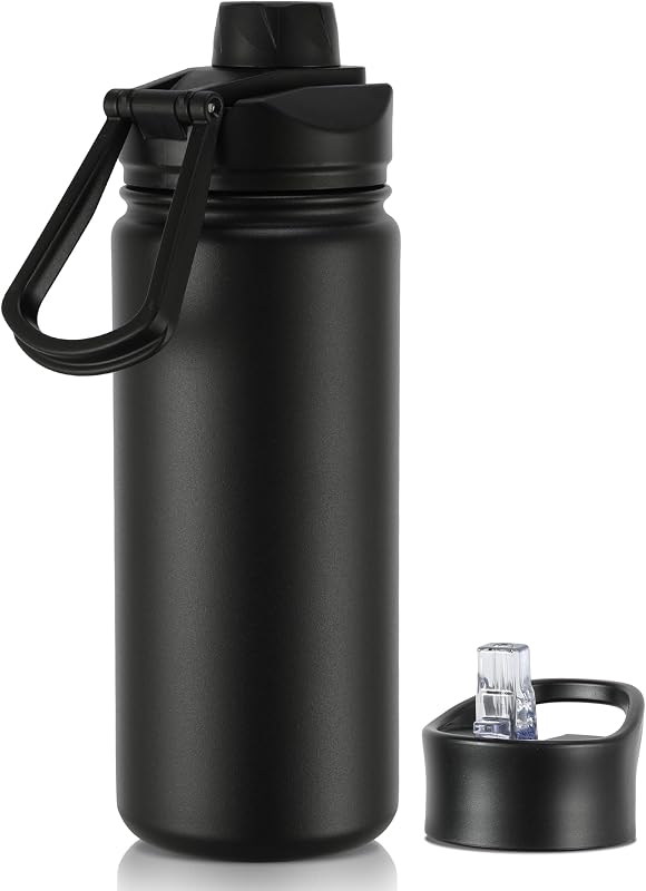 16 oz Insulated Water Bottle with Straw Lids, Stainless Steel Kids Water Bottles for School, Double Wall Vacuum Metal Water Bottle with Straw & Wide Mouth Lid, Black 1 Pack