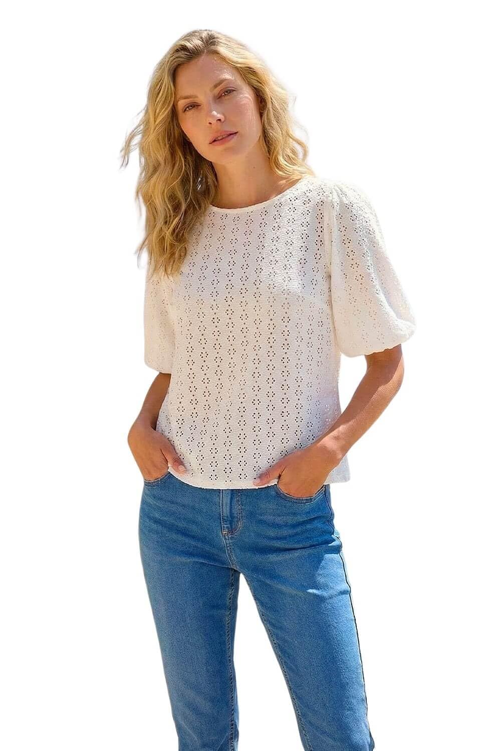 Roman Women's Broderie Puff Sleeve Top in Ivory | Size: 18
