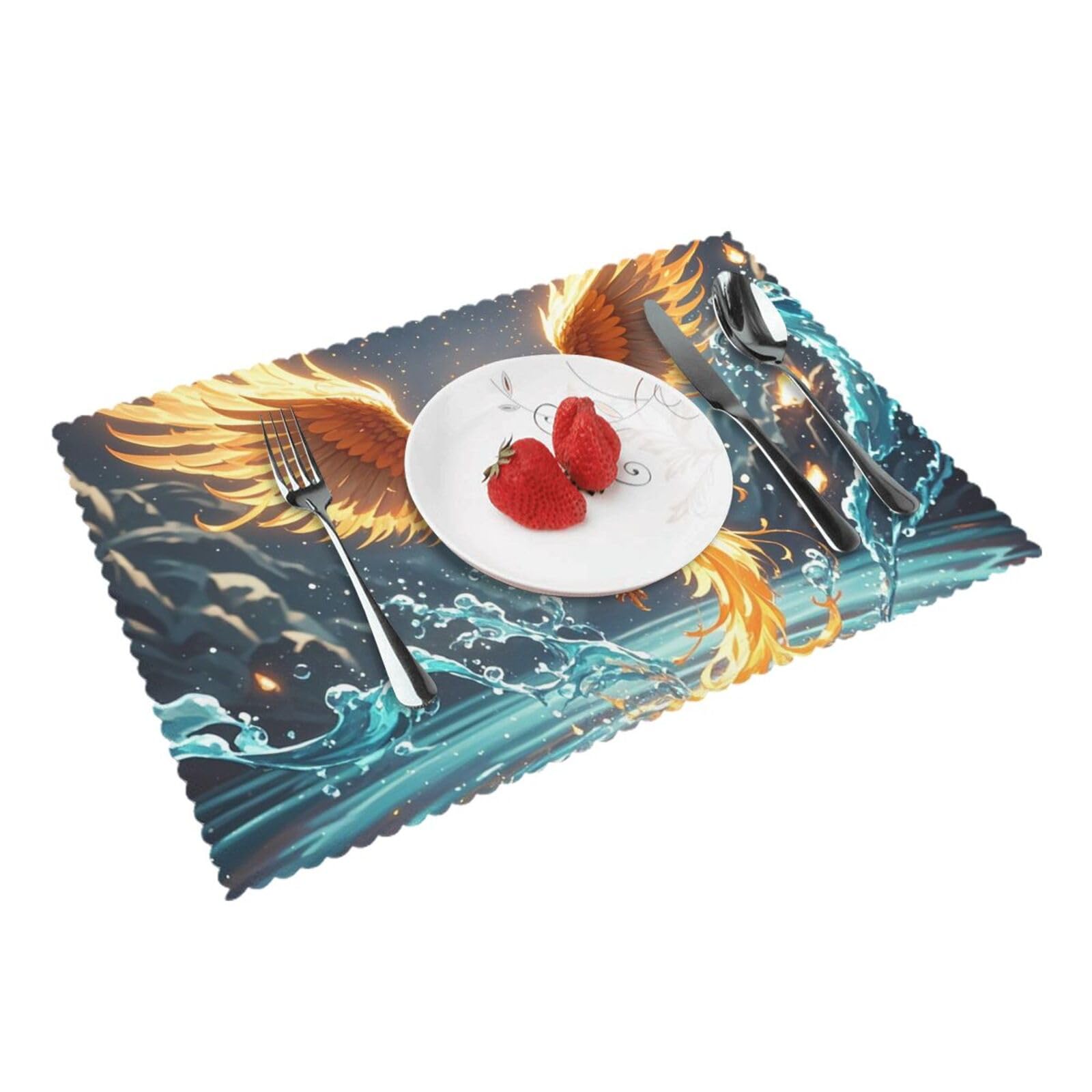 Placemats Set of 4 Heat Resistant Woven Place Mats for Dining Table Fire and water phoenix Placemats Washable Wipeable PVC Table Mats Indoor/Outdoor Place Mats for Party Kitchen Decor 30x45 cm