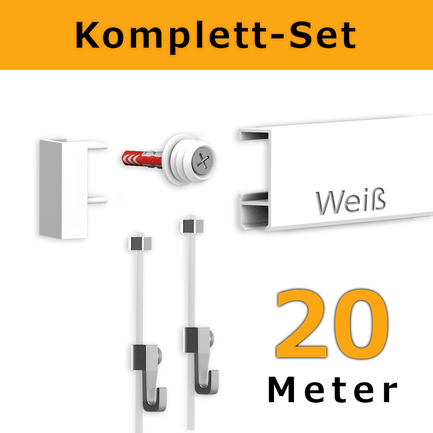hang-it Komplettset - Galerieleisten Bilderleisten - 20 Meter inkl. Bilderhaken, Seile und Montagematerial
