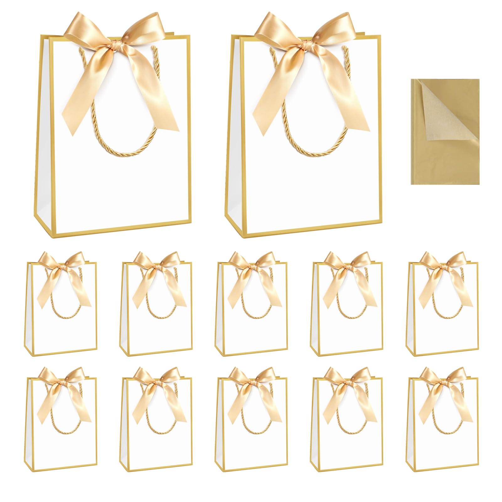 12 Pcs Gold White Gift Bags with Black Bow Ribbon, Paper Party Favor Bag with 12 Tissue Paper Handles Presents Paper for Wedding Graduation Birthday Party Celebration Present Bags
