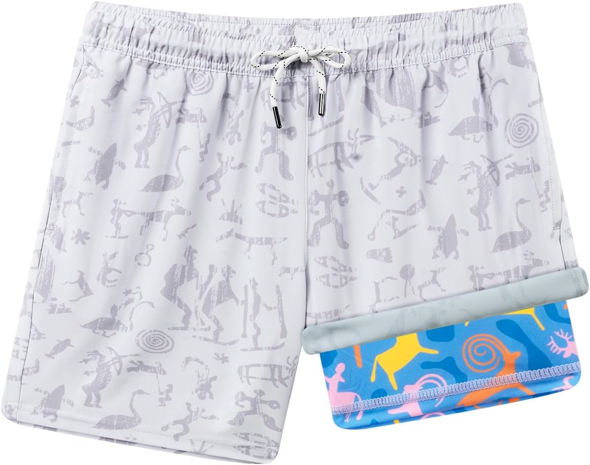 BRISIRA Boys Swim Trunks with Printed Compression Liner 5-16Y Bathing Suit Swim Shorts Swimsuit Anti-Chafe Youth Kids Teen