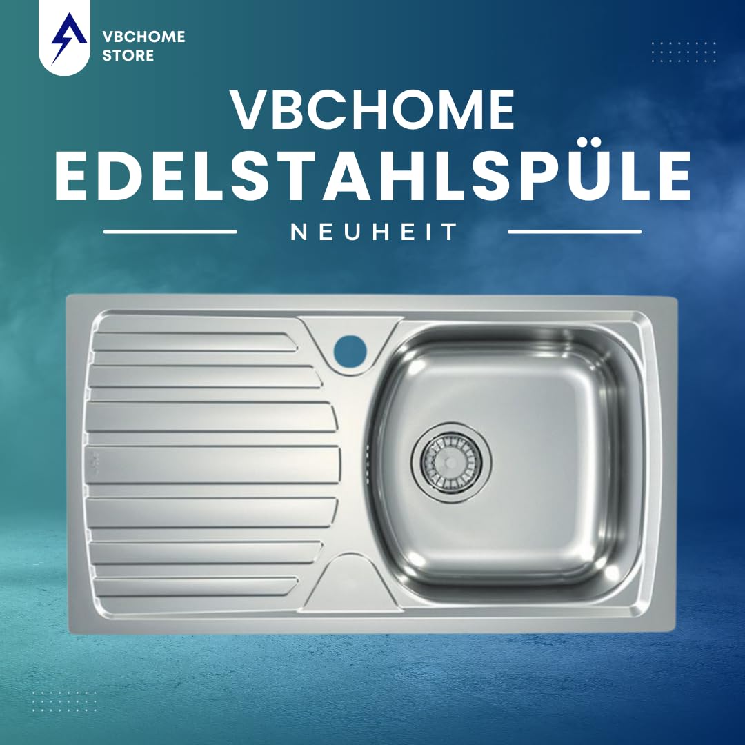 VBChome Edelstahlspüle 78 x 44 cm Leinenstruktur Spülbecken Einbauspüle Mit Hahnloch Abtropffläche Links Camping Küchenspüle Ablaufgarnitur fi114