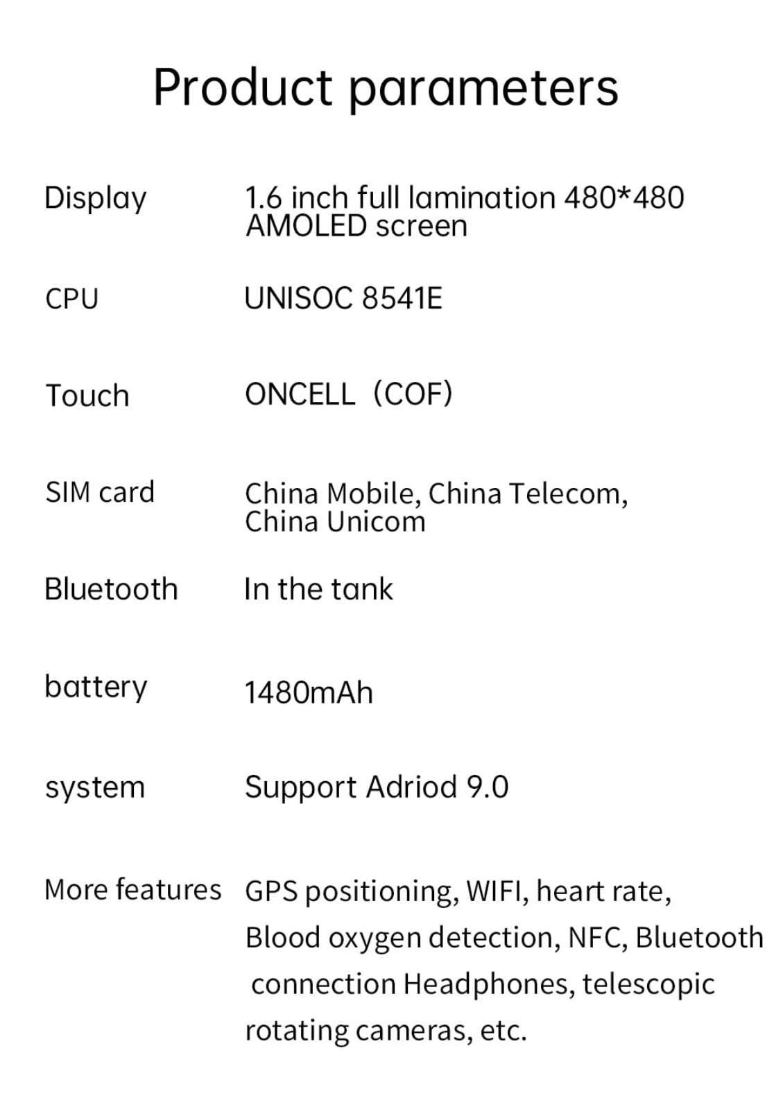 Smartwatch 5G da uomo e donna con display AMOLED da 1,6 pollici, GPS, cardiofrequenzimetro, batteria 1480 mAh, fotocamera girevole, quadranti multipli, Android 9.0
